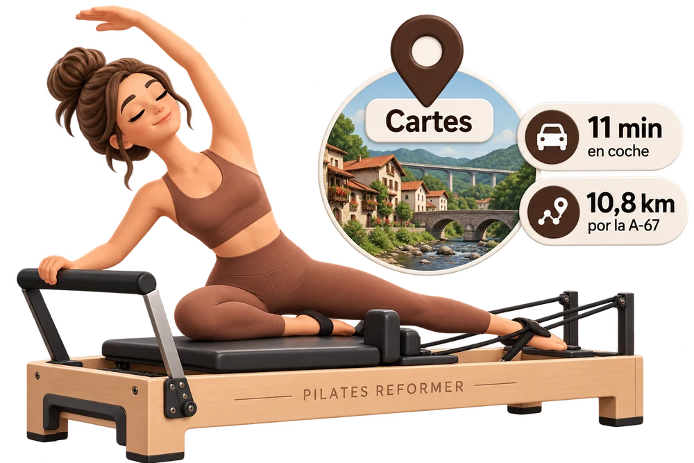 Ilustración de una mujer sobre un Pilates Reformer junto a un distintivo de Cartes: 11 minutos en coche, 10,8 kilómetros por la A-67