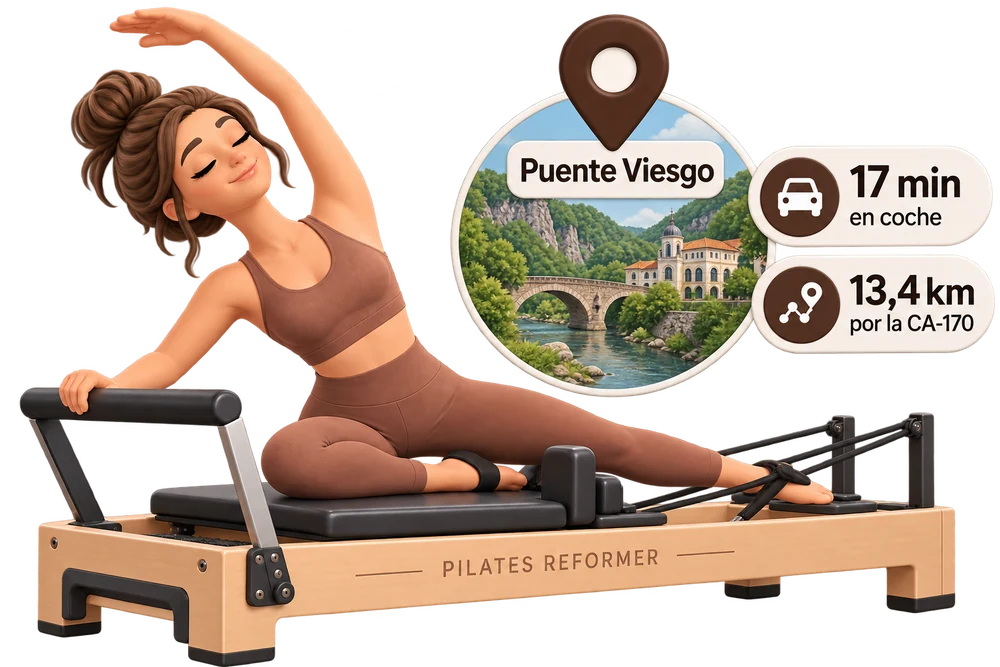 Ilustración de una mujer sobre un Pilates Reformer junto a un distintivo de Puente Viesgo: 17 minutos en coche, 13,4 kilómetros por la CA-170